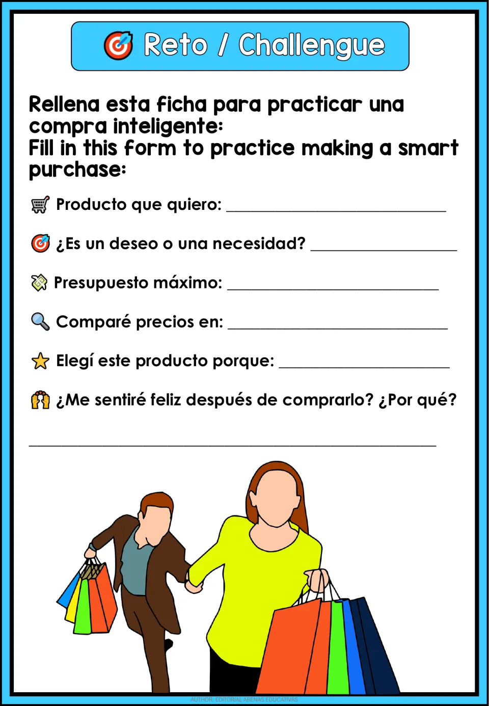 Purchase-planning challenge uses Spanish prompts for a product, want or need, budget, comparisons, and reasons