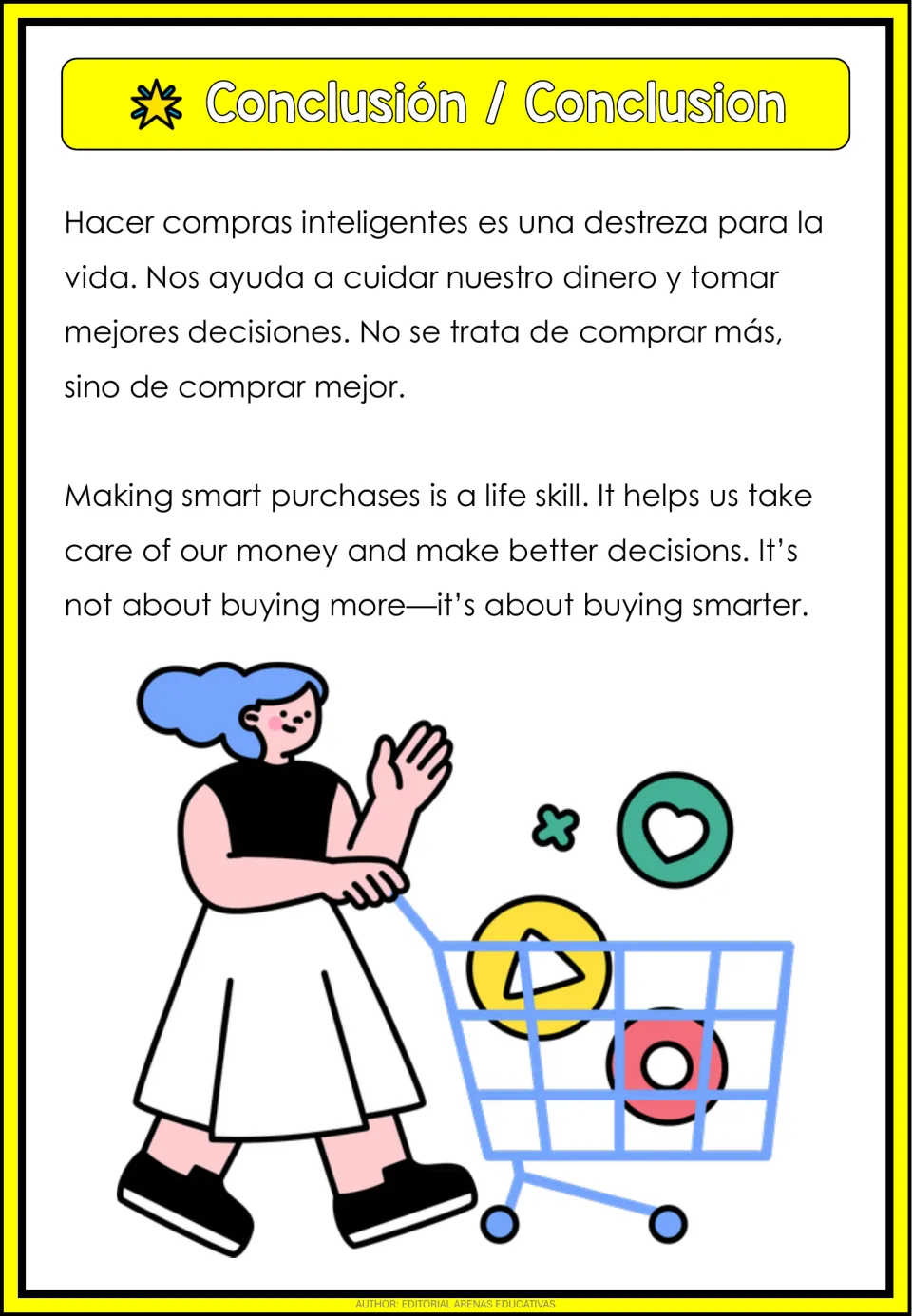 Bilingual conclusion explains that smart purchasing is a life skill for managing money and making decisions