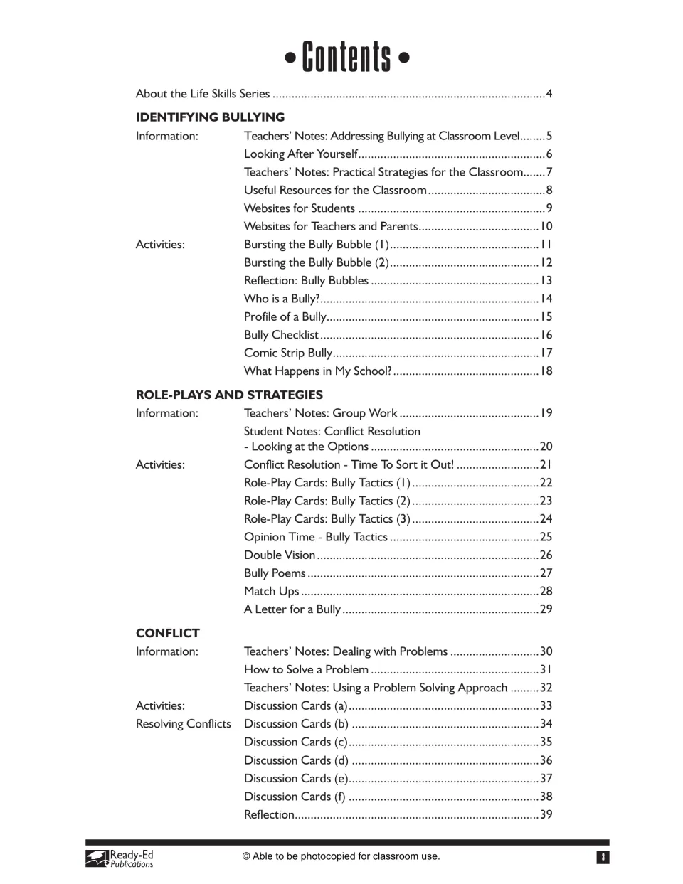 Contents listing Identifying Bullying, Role-Plays and Strategies, and Conflict sections with notes, cards and activities