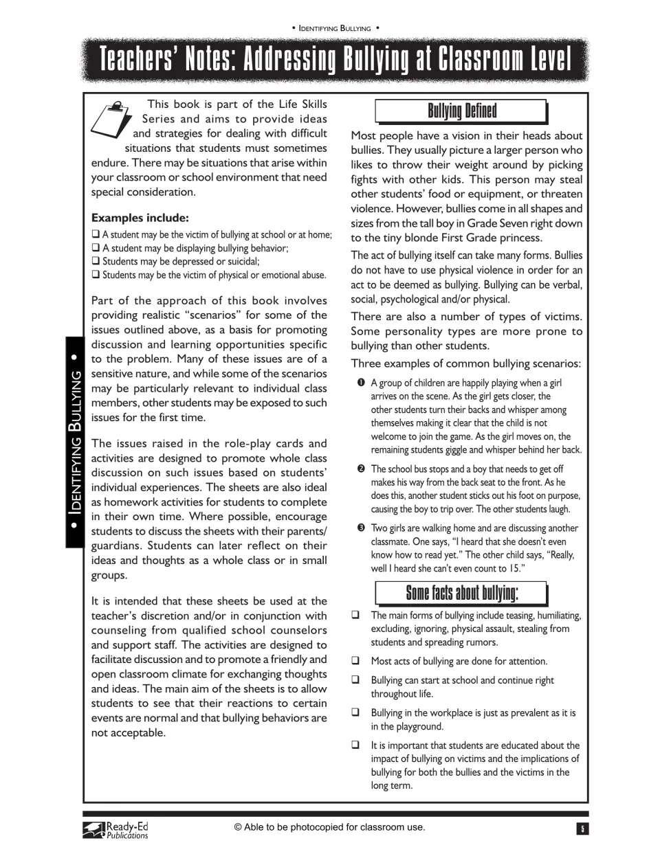 Teachers' notes on handling bullying in class: a definition of bullying, three everyday scenarios and key facts