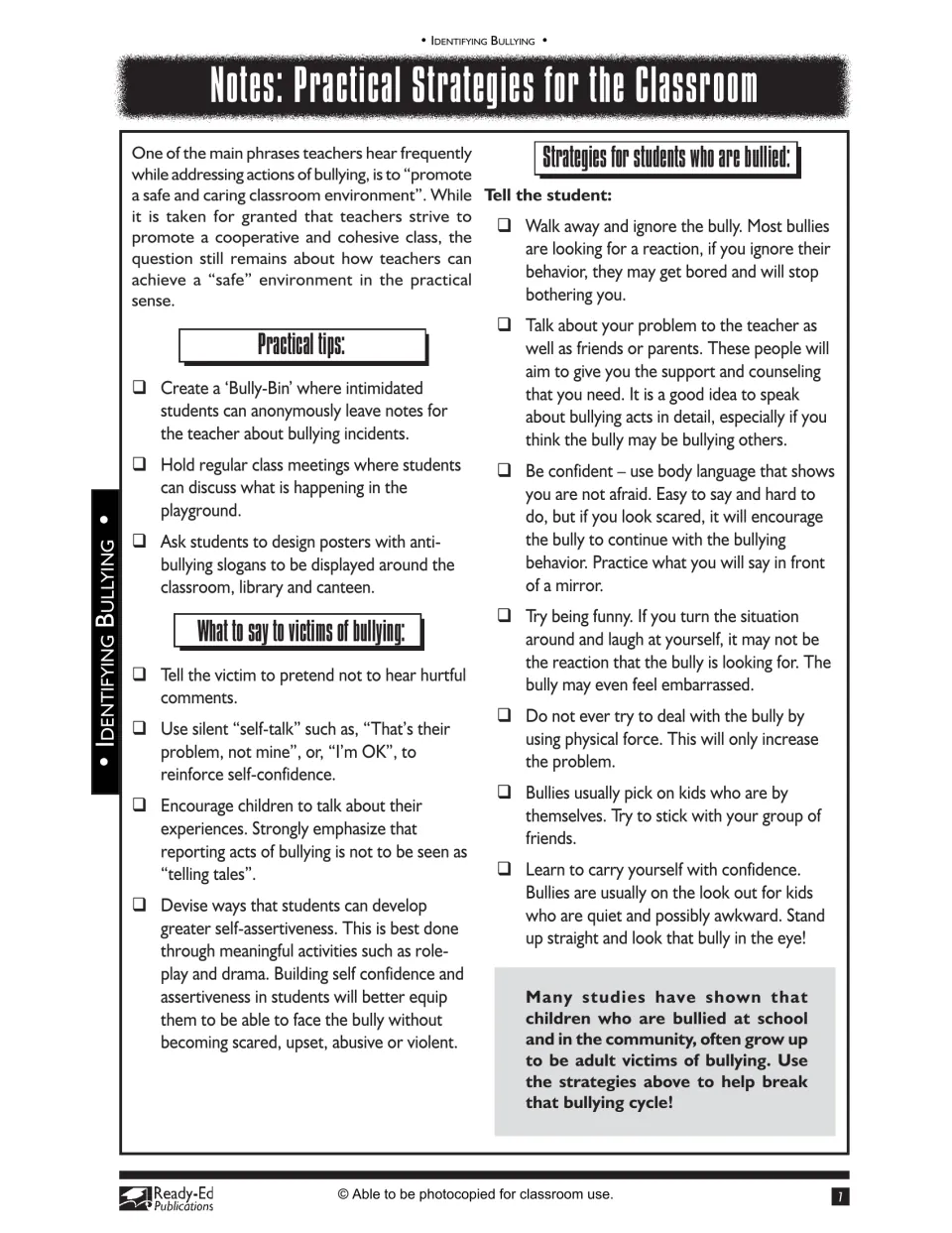 Practical classroom strategies: Bully-Bin and poster tips, what to say to victims, and coping steps for bullied students
