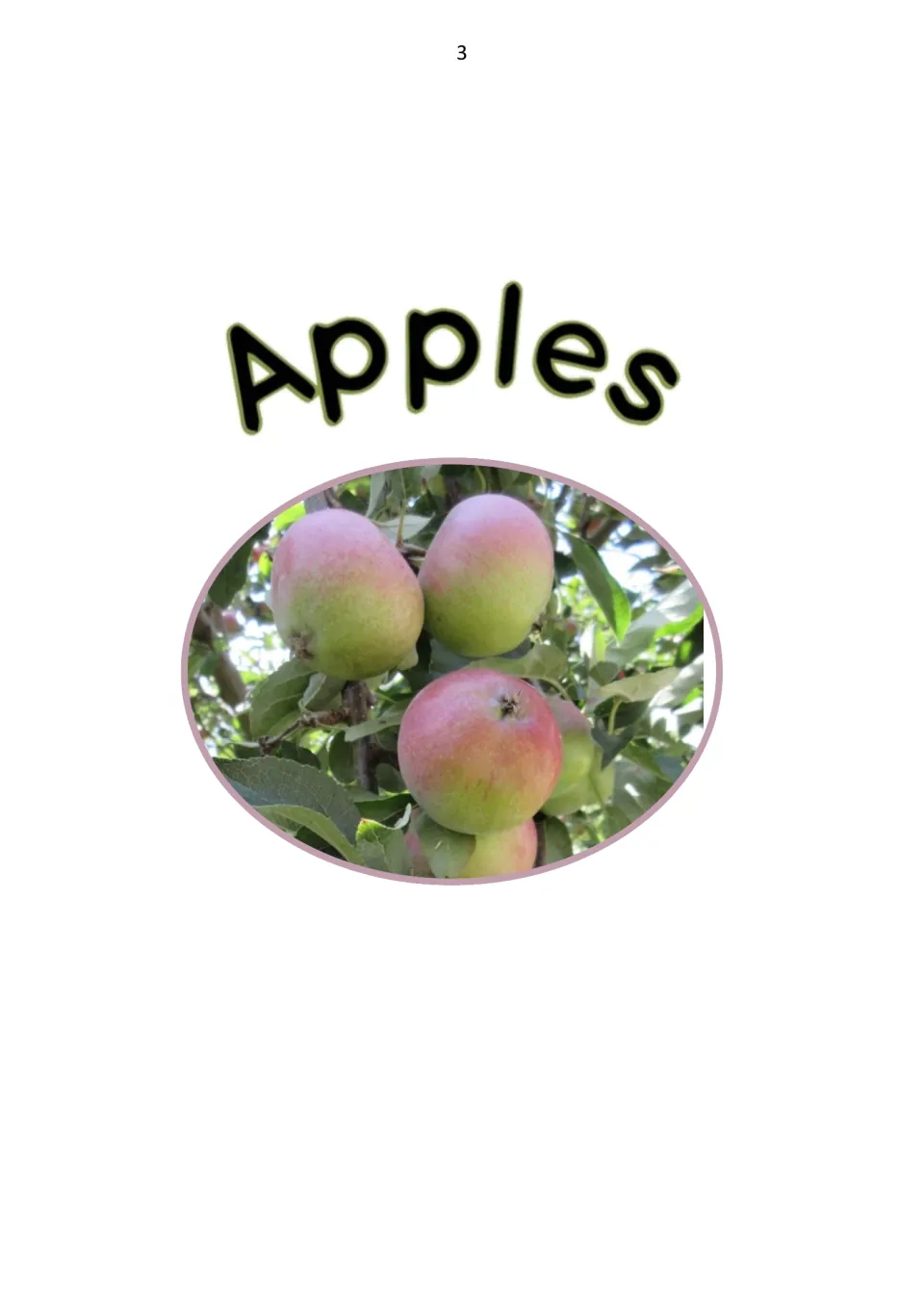 Interior title page of the apple tree life cycle reader, showing a photograph of ripe apples on branches