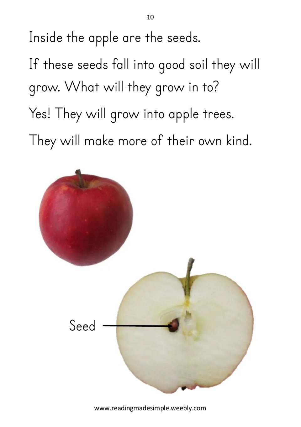 Reader page 10 explains that seeds inside apples can grow into apple trees, with a labeled cut apple photo