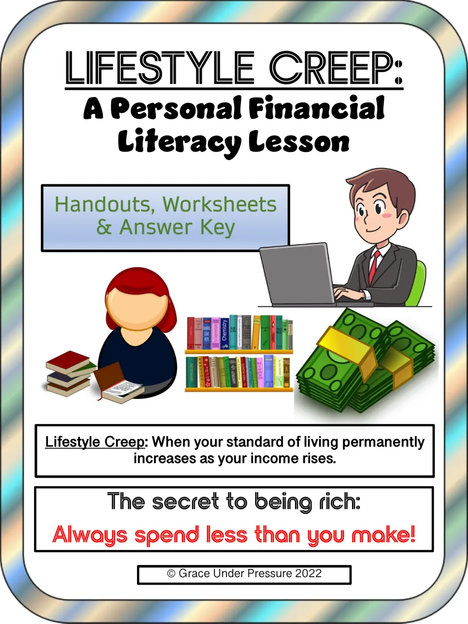 Cover: Lifestyle Creep personal financial literacy lesson with handouts, worksheets and answer key, plus a definition