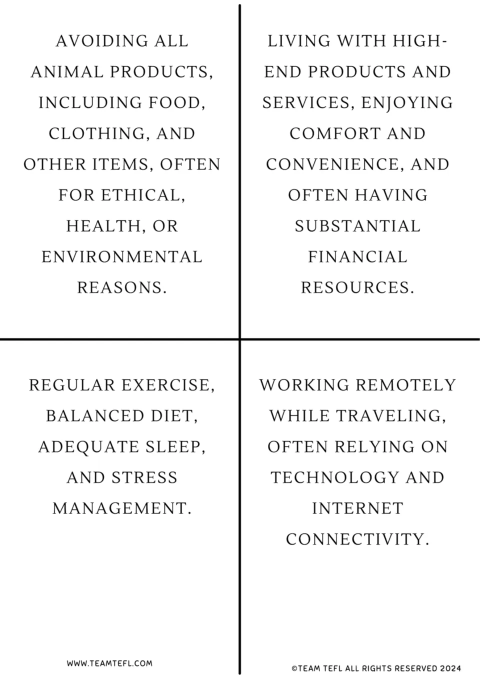 Lifestyle text cards 1–4 describe avoiding animal products, luxury living, healthy habits, and remote work.