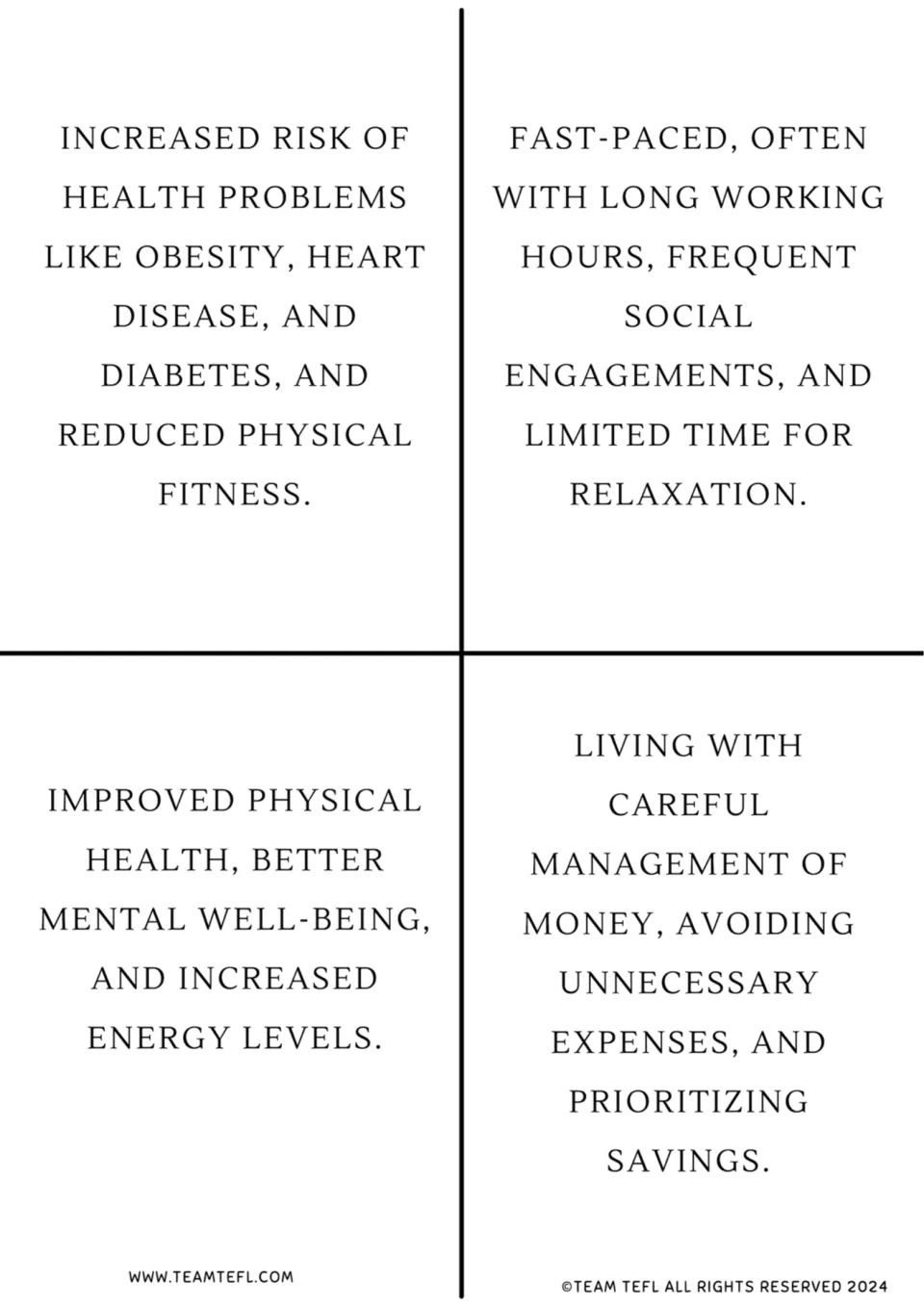 Lifestyle text cards 5–8 cover health risks, a busy schedule, improved well-being, and careful money management.