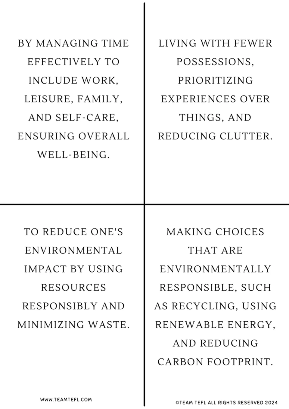 Lifestyle text cards 9–12 cover time management, fewer possessions, resource conservation, and green choices.