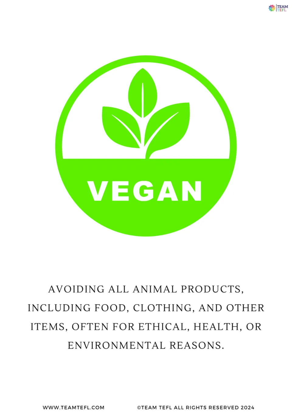 Illustrated lifestyle flashcard pairs a vegan symbol with text about avoiding animal products in food and clothing.