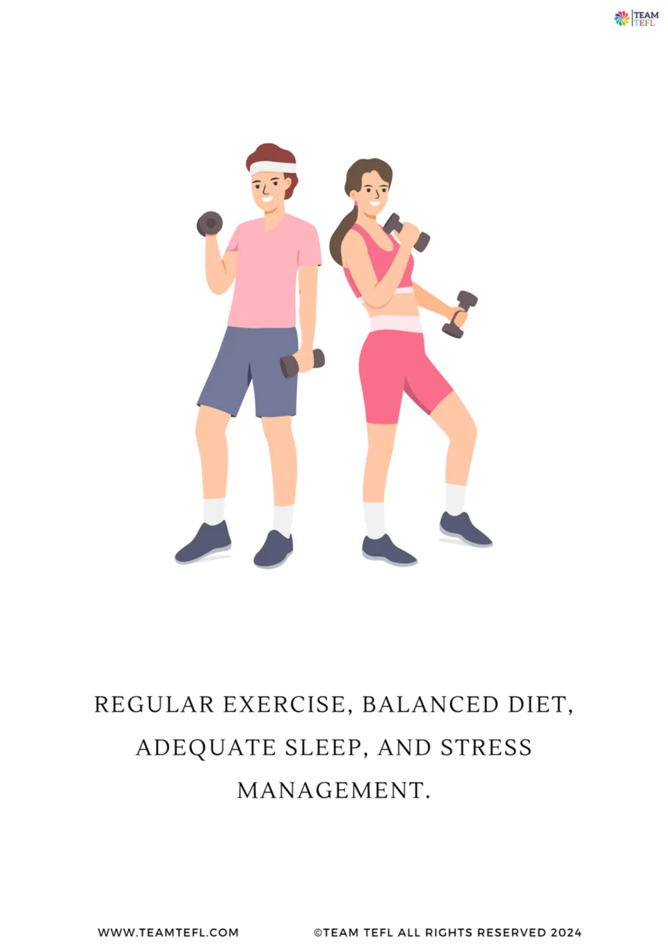 Illustrated lifestyle flashcard shows two people exercising and lists exercise, diet, sleep, and stress management.