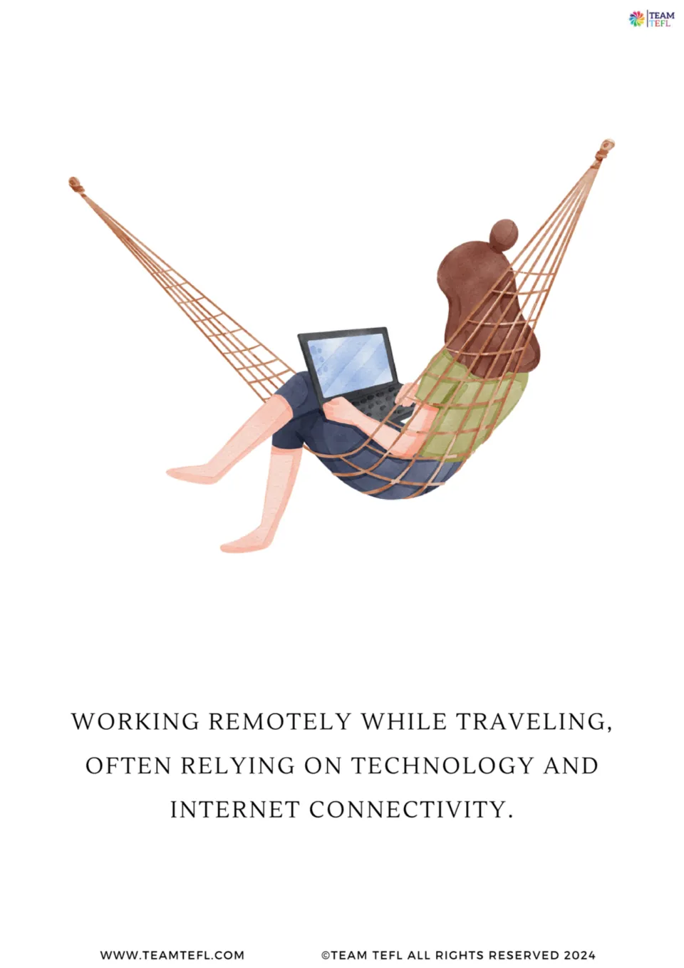 Illustrated lifestyle flashcard shows a laptop user in a hammock and describes working remotely while traveling.