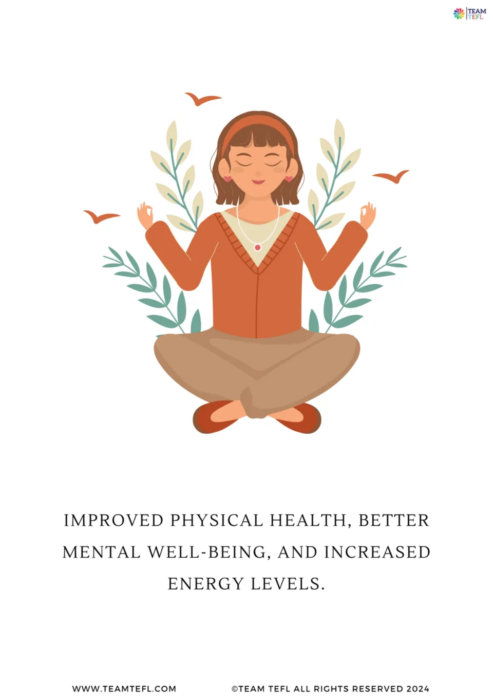 Illustrated lifestyle flashcard shows a person meditating and lists better physical health, well-being, and energy.