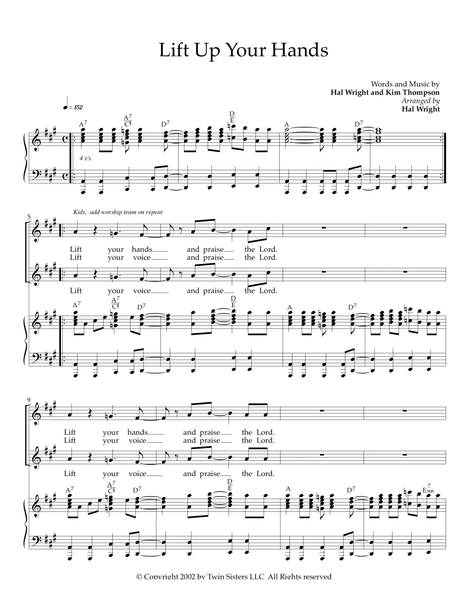 Song opening by Hal Wright and Kim Thompson: piano intro played 4 times, then the kids sing Lift your hands, bars 1-12