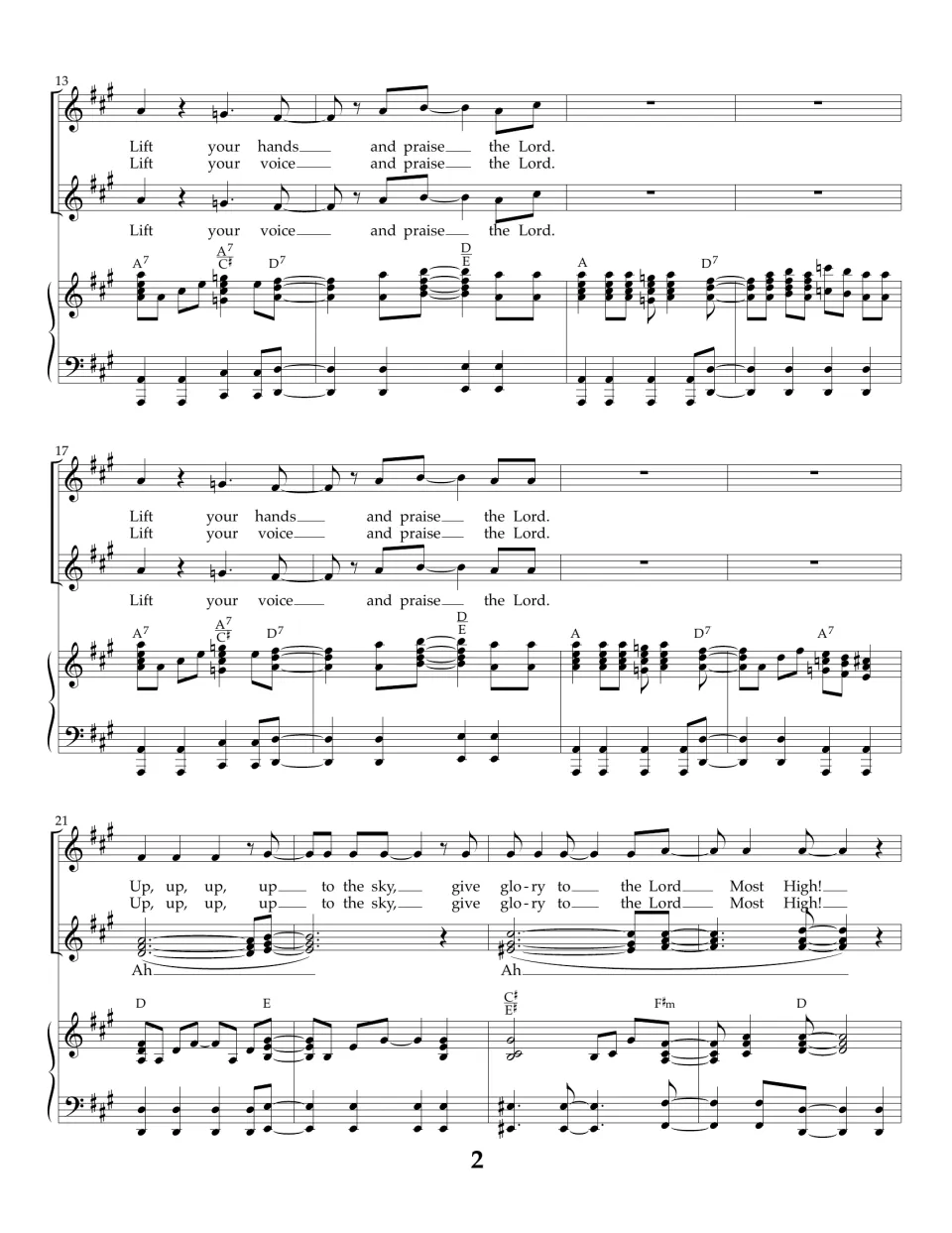 Vocal score bars 13-24: two more Lift your hands refrains, then the Up, up, up to the sky section with an Ah harmony part