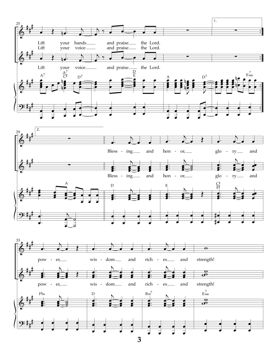 Bars 25-36: refrain with 1st and 2nd endings, then the bridge Blessing and honor, glory and power, wisdom and strength