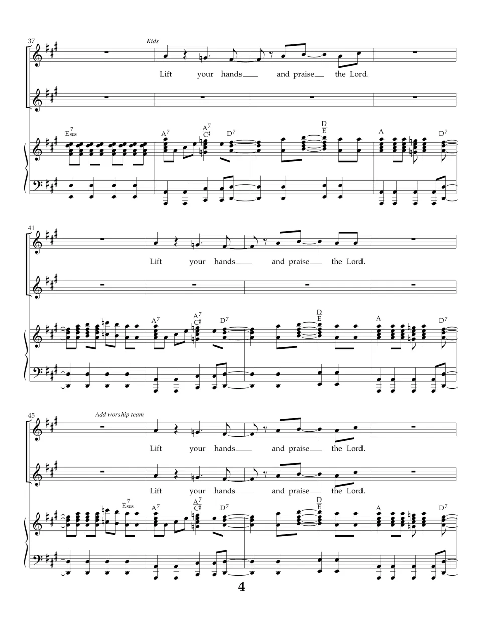 Bars 37-48: kids alone sing Lift your hands and praise the Lord, then the worship team joins on the second voice part