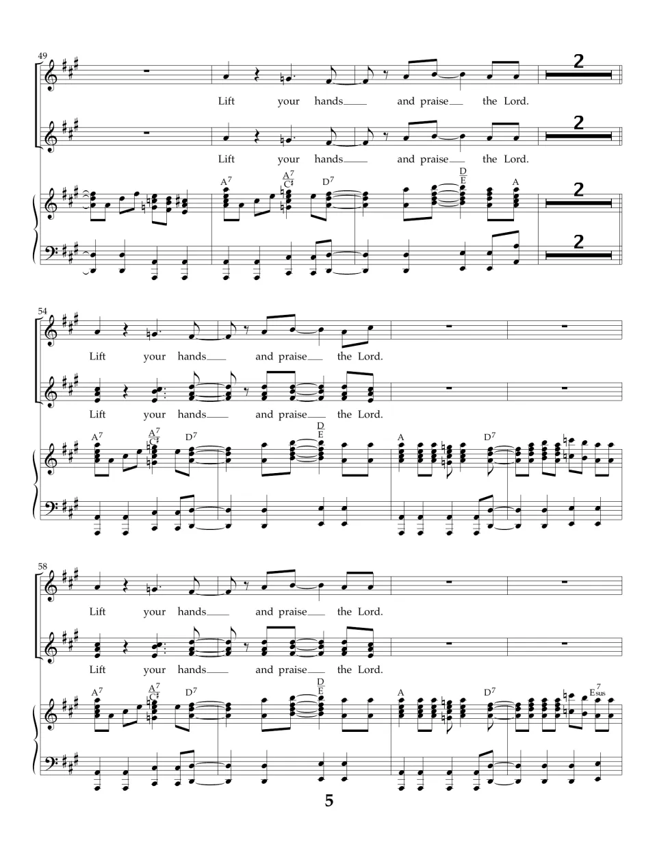 Bars 49-61: Lift your hands refrains with a two-bar rest, then both voice parts sing in harmony over the piano chords