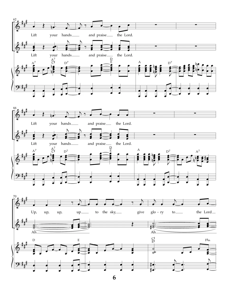 Bars 62-72: harmony refrains of Lift your hands and praise the Lord, leading into the second Up, up, up to the sky section