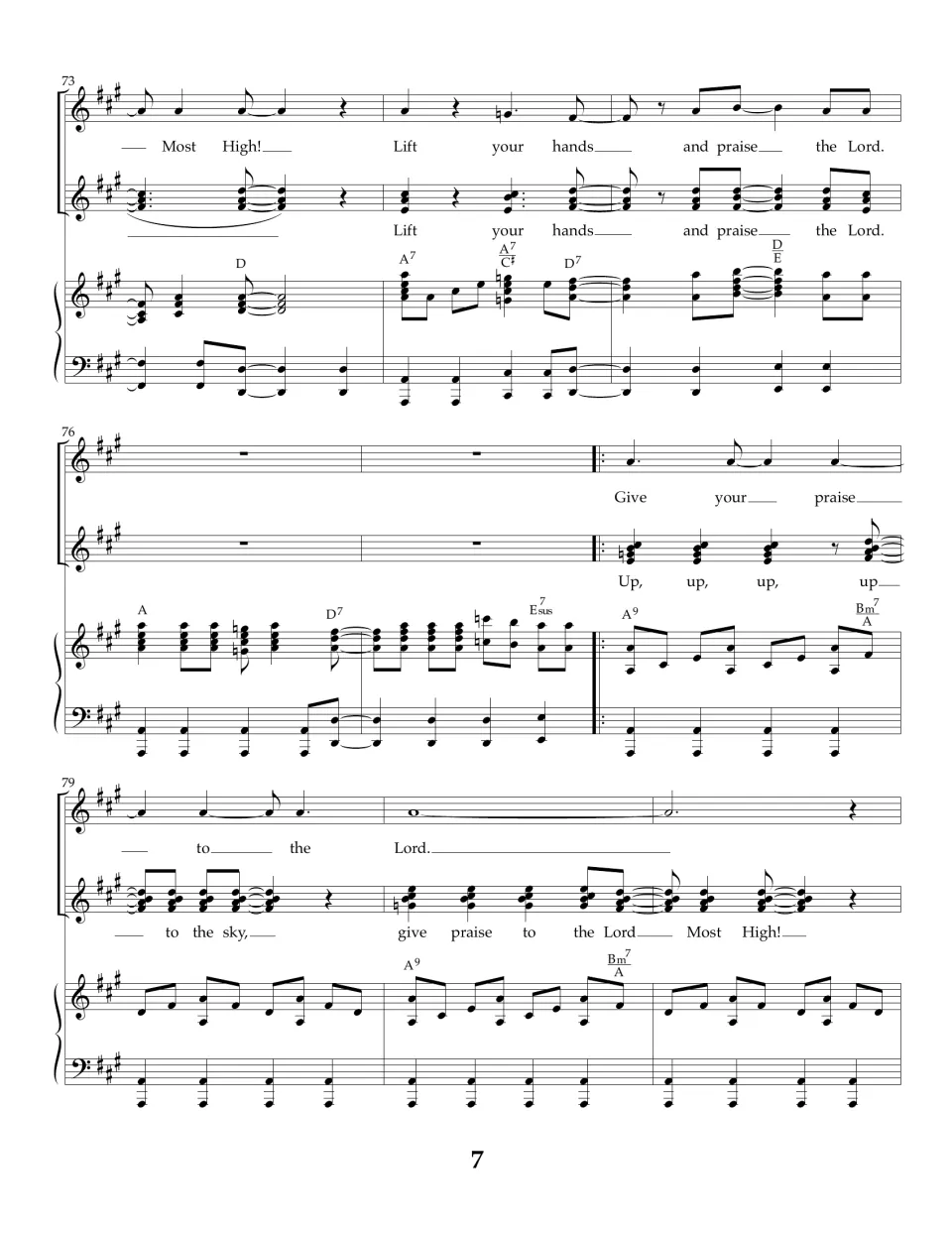 Bars 73-81: Most High, a last Lift your hands, then a repeated part layering Give your praise over Up, up, up
