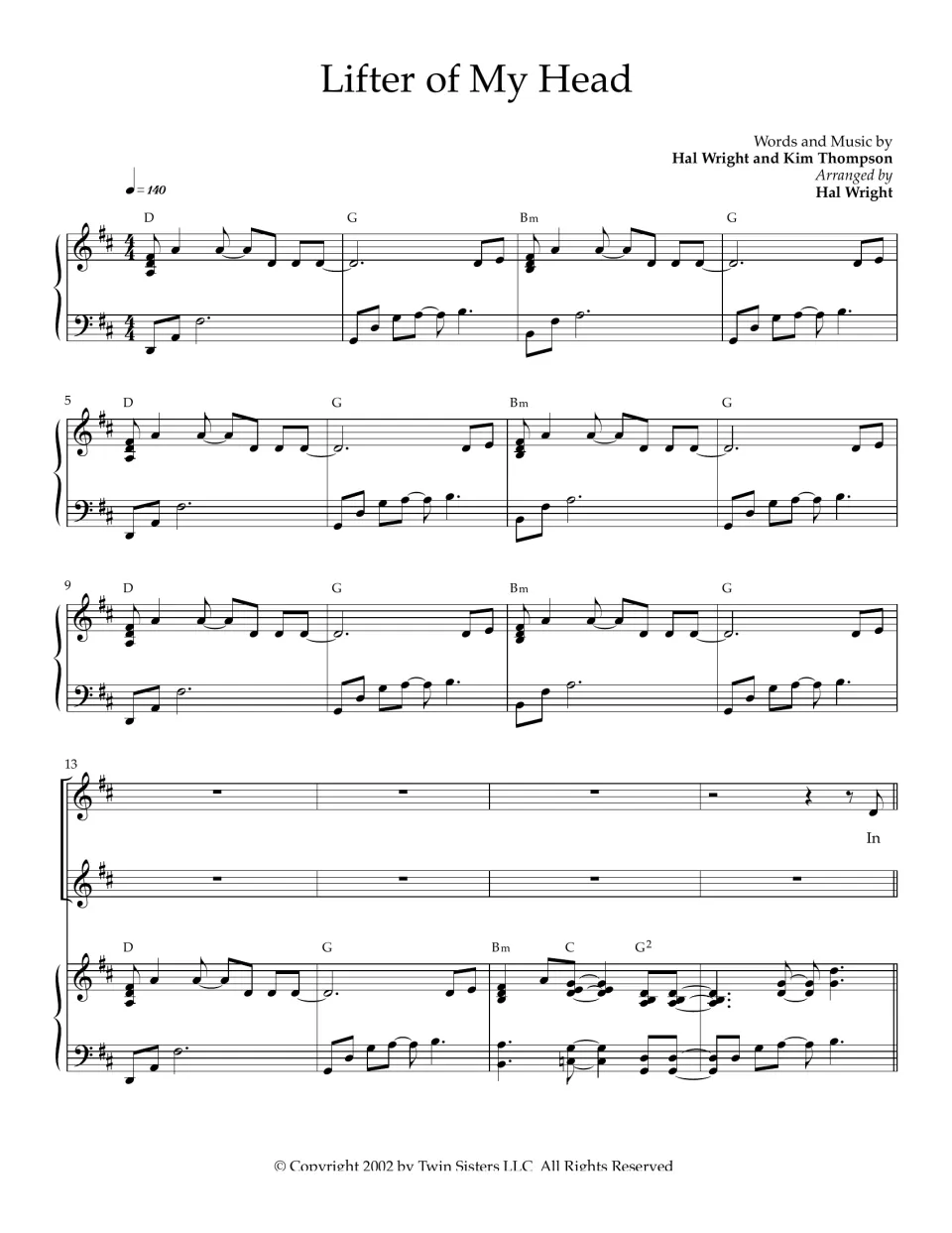 Lifter of My Head score, page 1: piano introduction in D major at 140 bpm with chord symbols, bars 1 to 16; voices rest