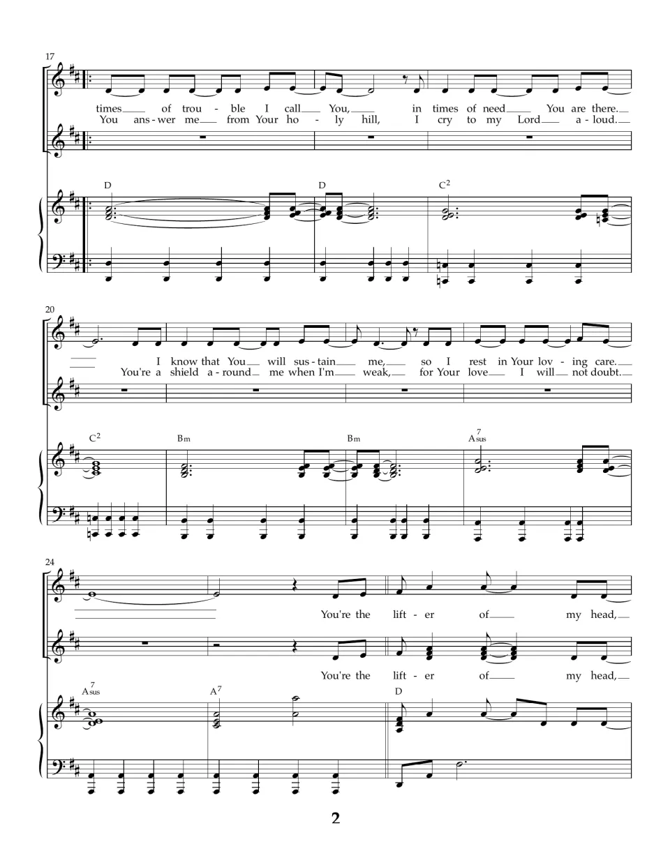 Verse in bars 17 to 26: two vocal lines sing 'times of trouble I call You' over piano chords D, C2, Bm and A7sus
