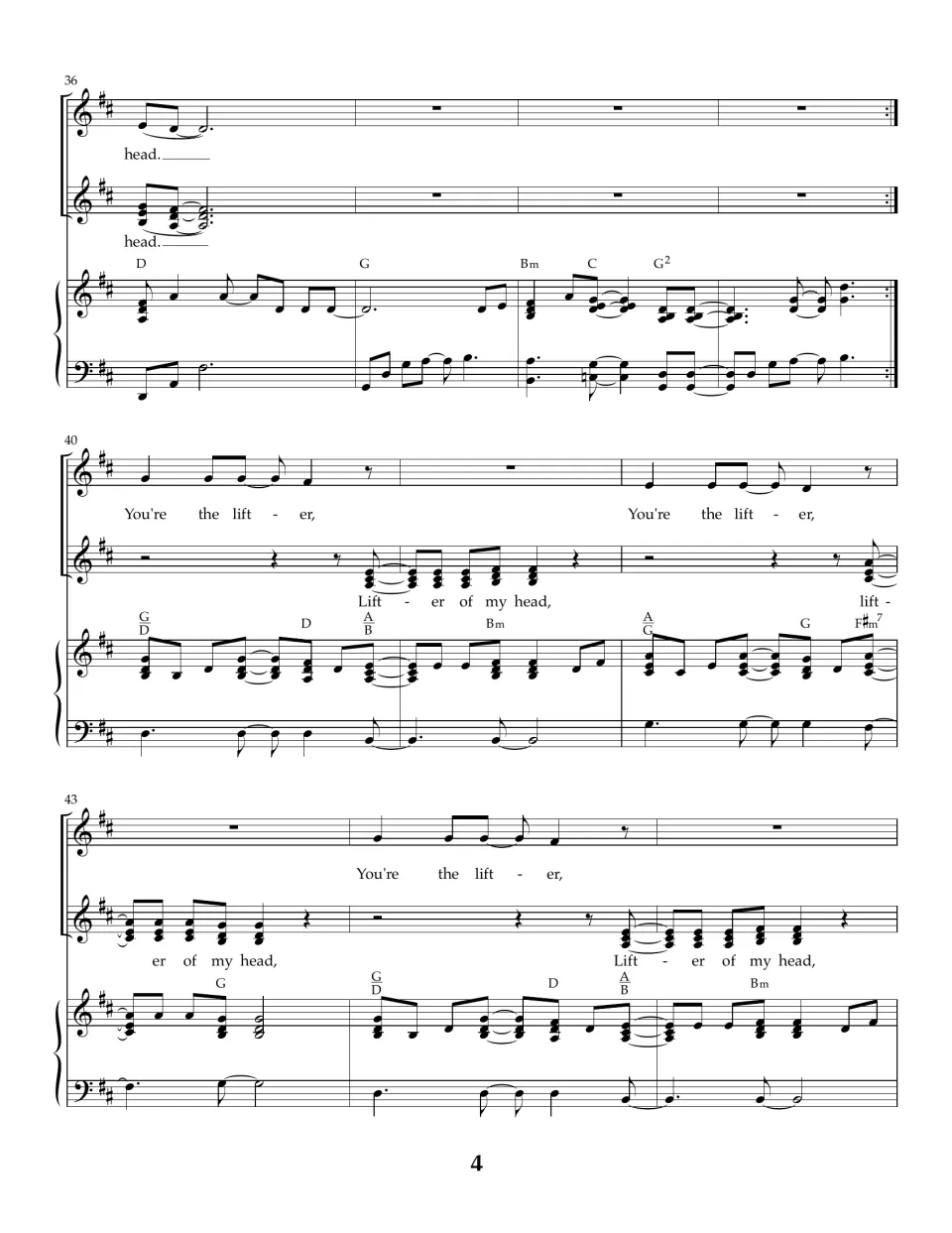 Bars 36 to 45: piano interlude repeats the intro, then voices trade 'You're the lifter' and 'Lifter of my head' echoes