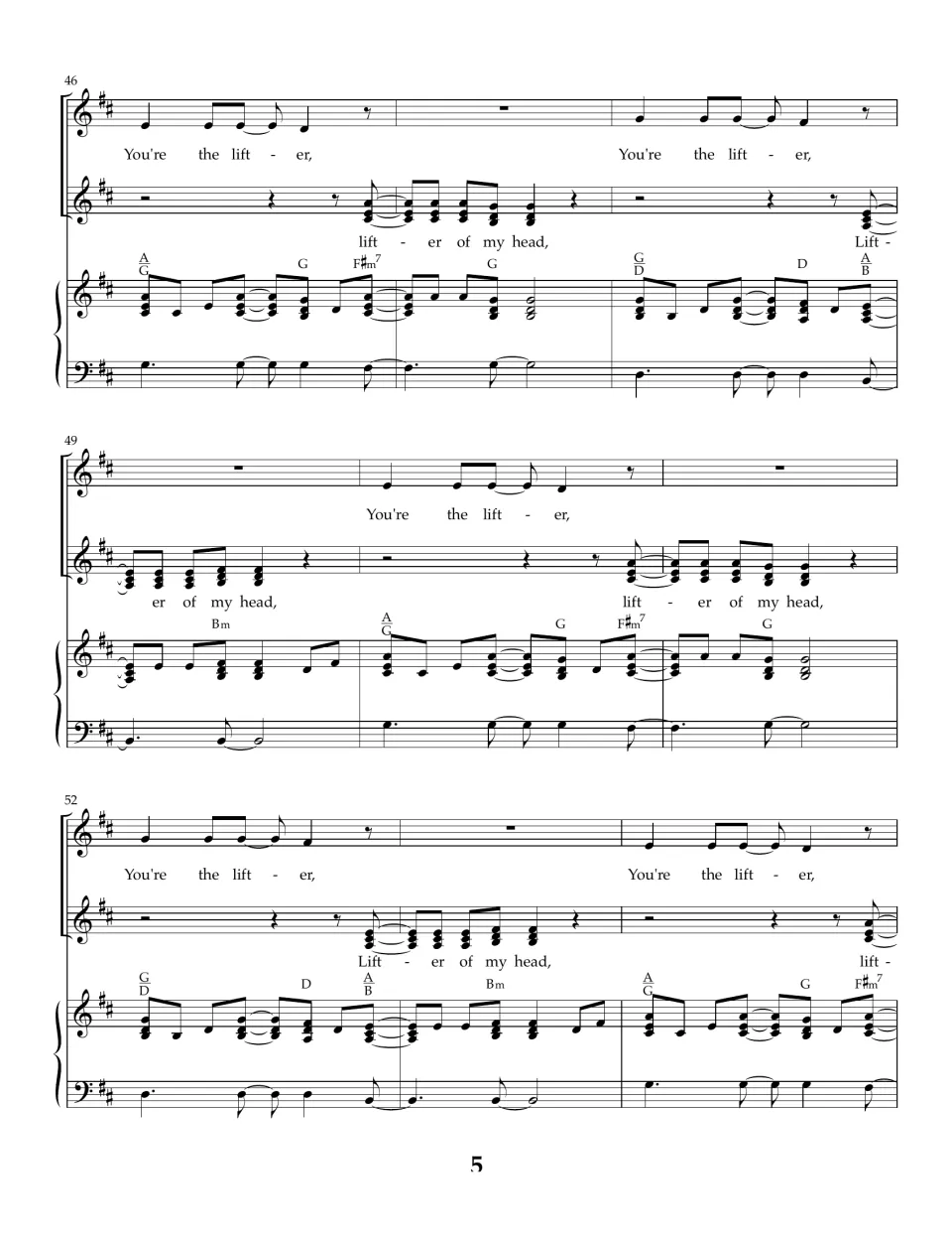 Bars 46 to 54: call-and-response section, melody sings 'You're the lifter' while second part answers 'lifter of my head'