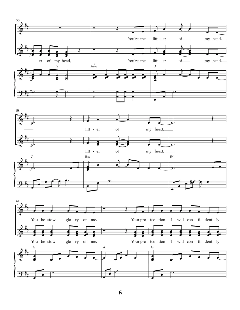 Bars 55 to 63: the chorus returns as both voices sing 'You're the lifter of my head' and 'You bestow glory on me'