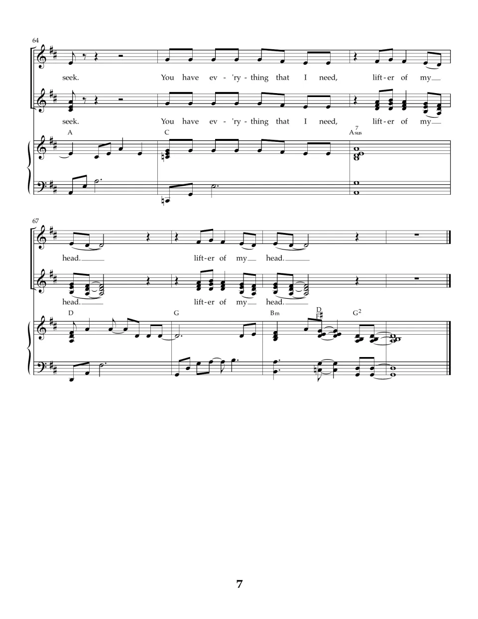 Closing bars 64 to 70: last phrase 'You have ev'rything that I need, lifter of my head' ends on a held G2 chord