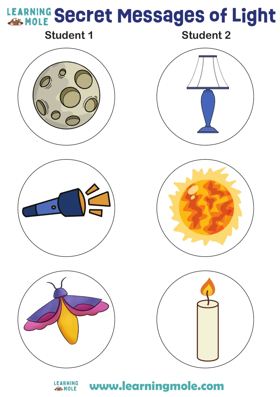 Secret Messages of Light: pictures of a moon, flashlight and moth for Student 1; lamp, sun and candle for Student 2