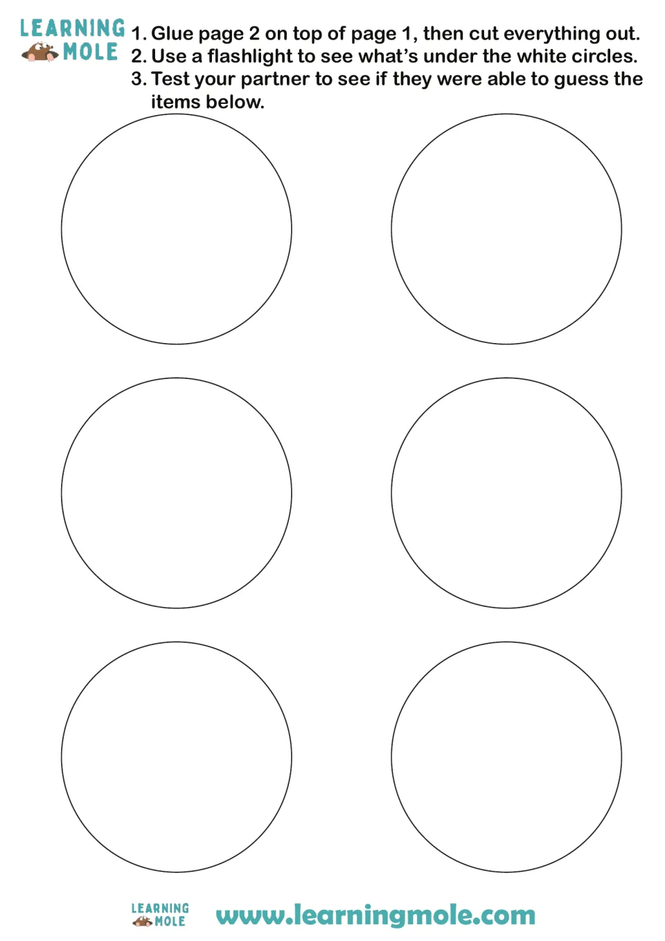 Flashlight reveal steps: students glue this cover sheet over the pictures, cut out, shine a light to guess hidden items