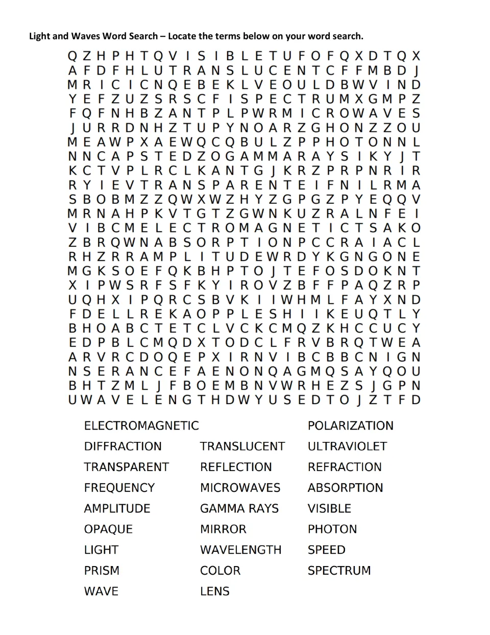 Light and waves word search: students find 25 terms such as refraction, wavelength, photon, prism and gamma rays