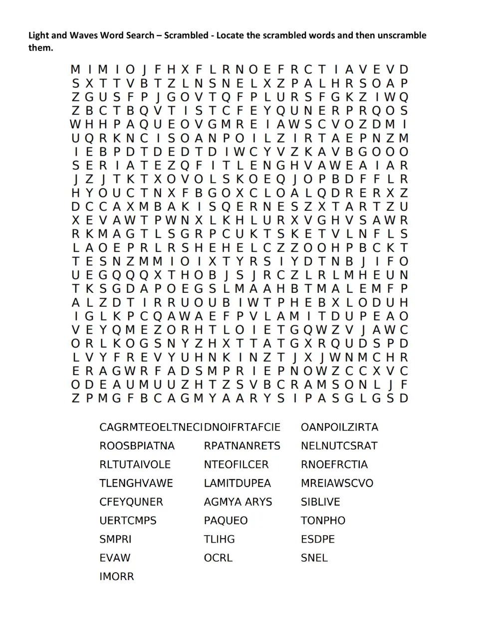 Scrambled light and waves word search: students find jumbled terms like TLIHG and SMPRI in the puzzle, then unscramble them