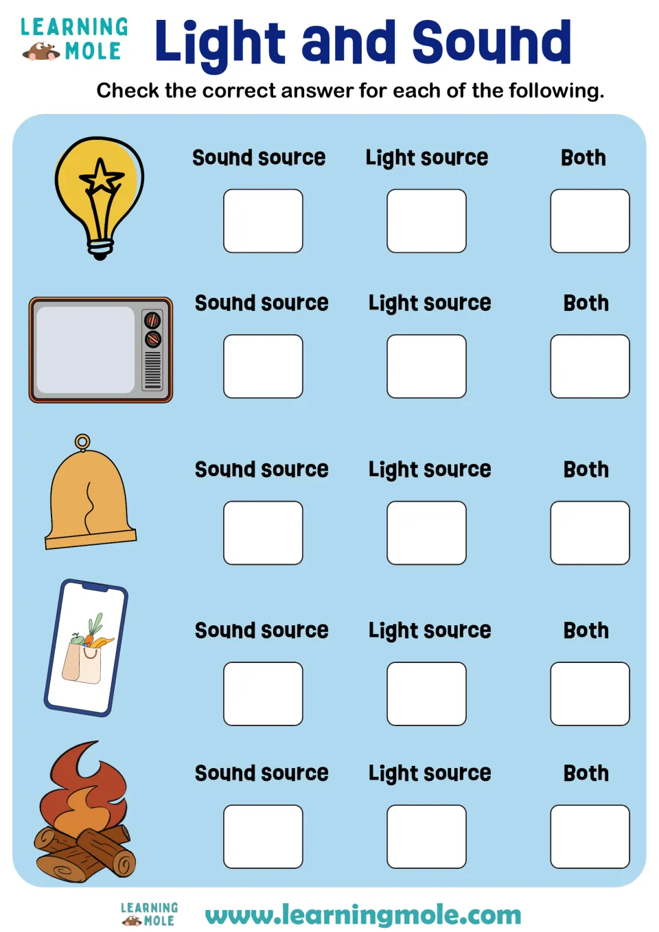 Sources of light and sound: students check sound, light or both for a light bulb, TV, bell, phone and campfire
