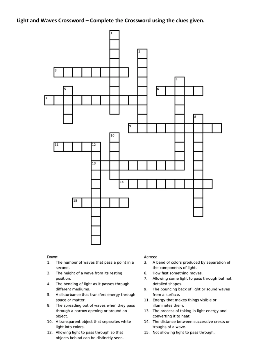 Light and waves crossword: students solve 15 clues on frequency, refraction, opacity and wavelength without a word bank