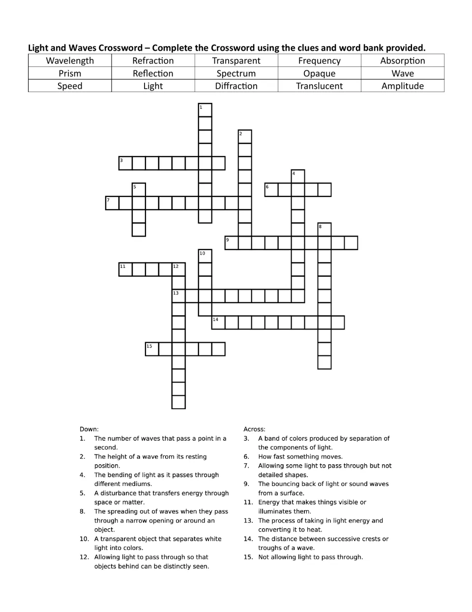 Light and waves crossword with a 15-word bank (prism, spectrum, opaque, amplitude) for matching terms to the same clues