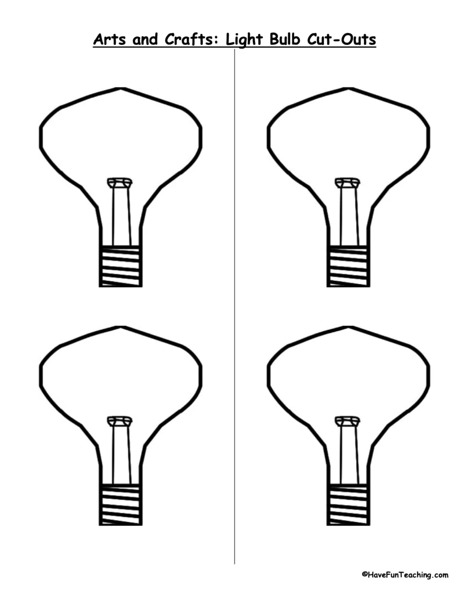 Arts and crafts cut-out sheet: four matching light bulbs for classroom decoration or electricity activities