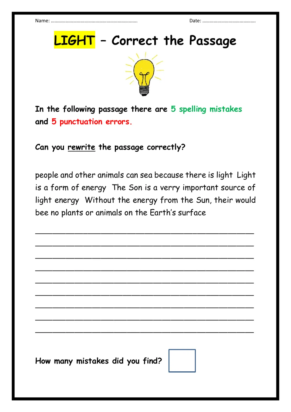 Light editing task: students find 5 spelling and 5 punctuation errors in a text about light and the Sun, then rewrite it