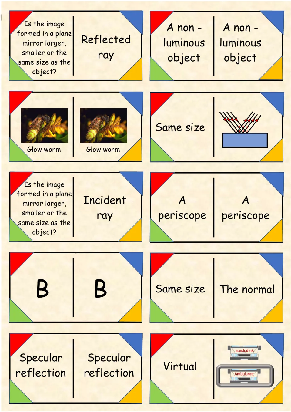 Light domino cards 41–50: glow worms, a periscope, same size, the normal, and plane mirror image size questions