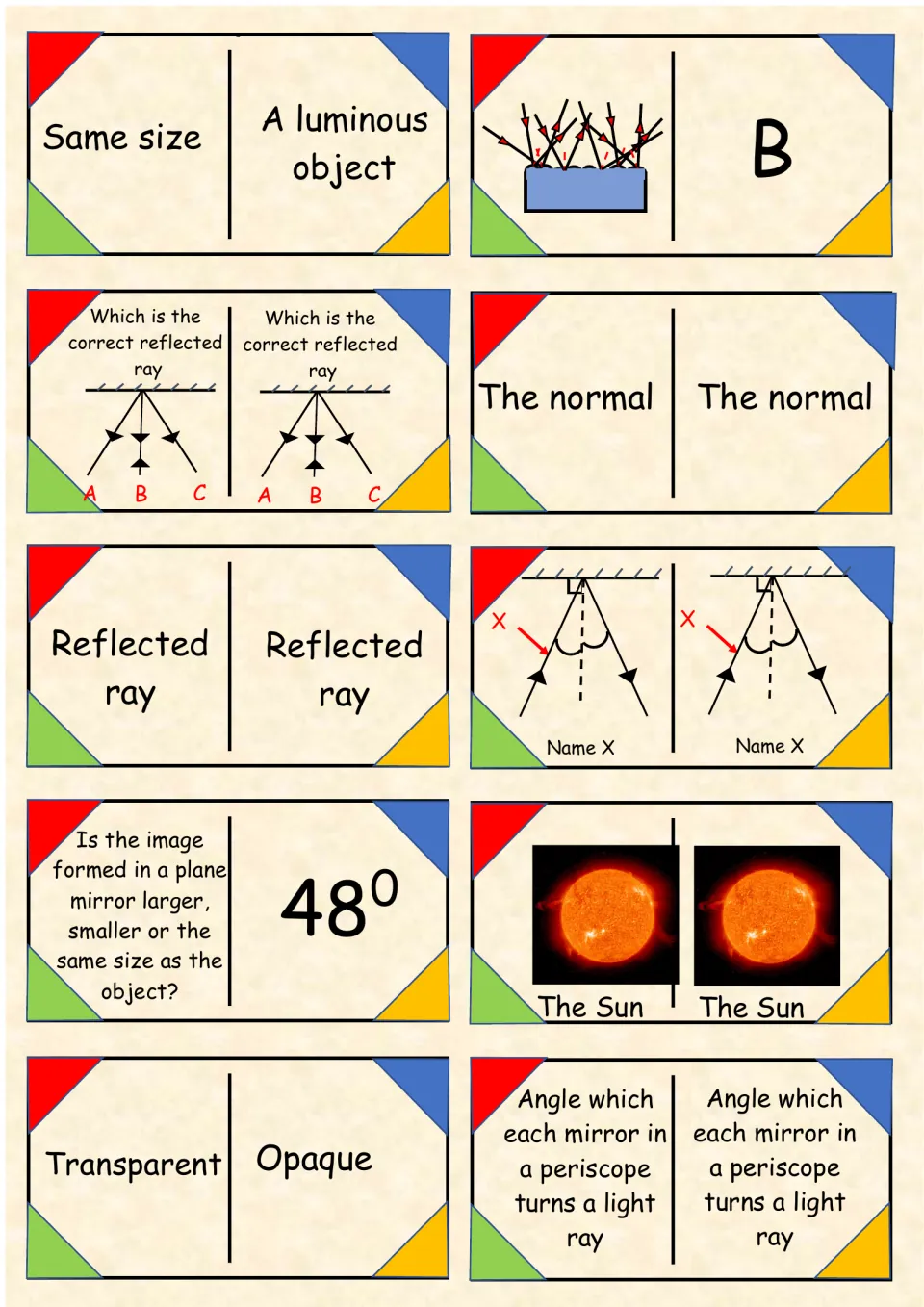 Light domino cards 51–60: the Sun, transparent, opaque, reflected ray choices, and periscope turning angles
