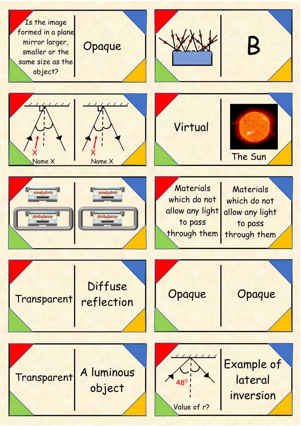 Light domino cards 61–70: opaque, transparent, diffuse reflection, lateral inversion, and a 48° ray diagram