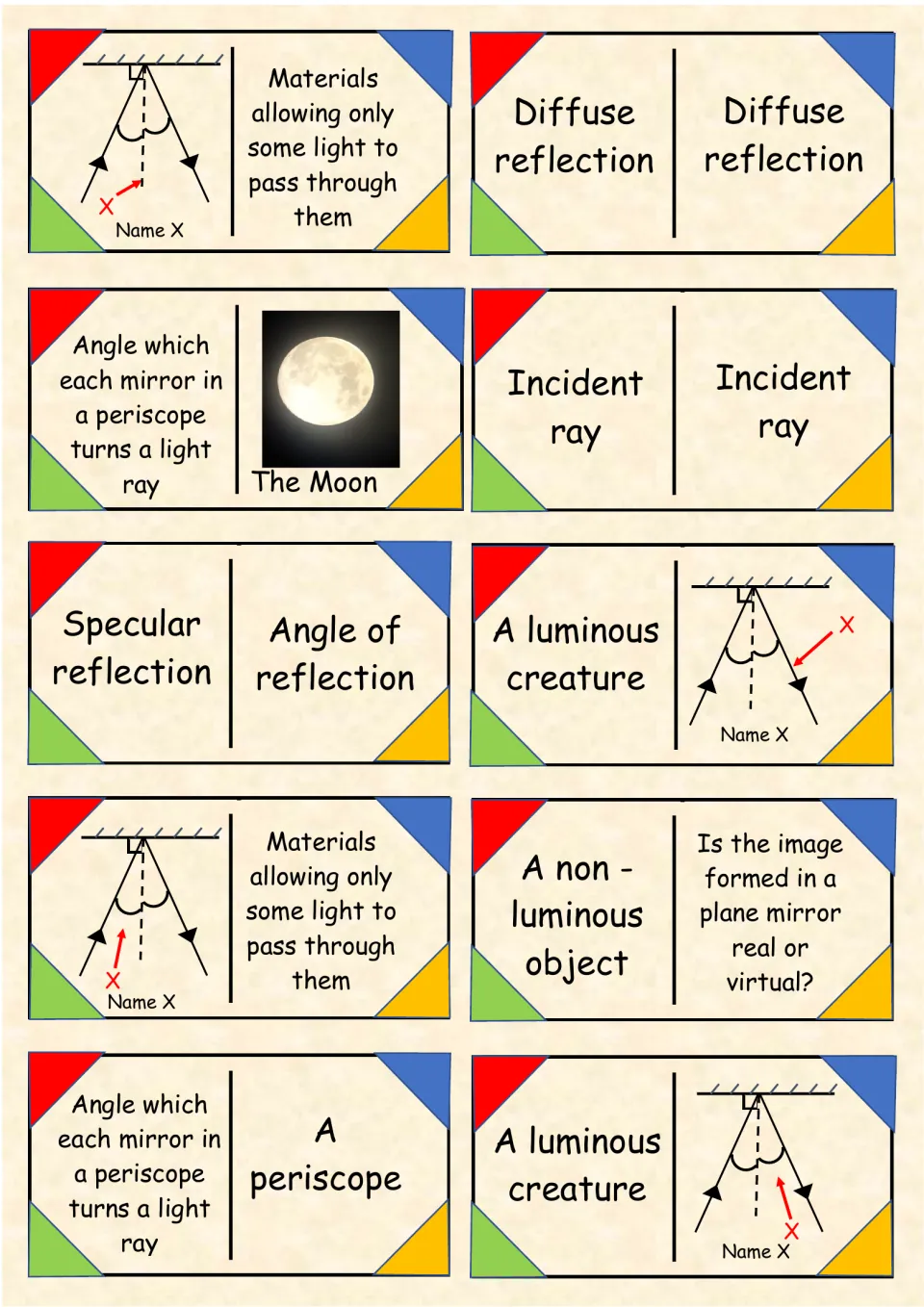 Reflection domino cards 1–10 include ray diagrams, the Moon, periscope questions, and diffuse reflection.