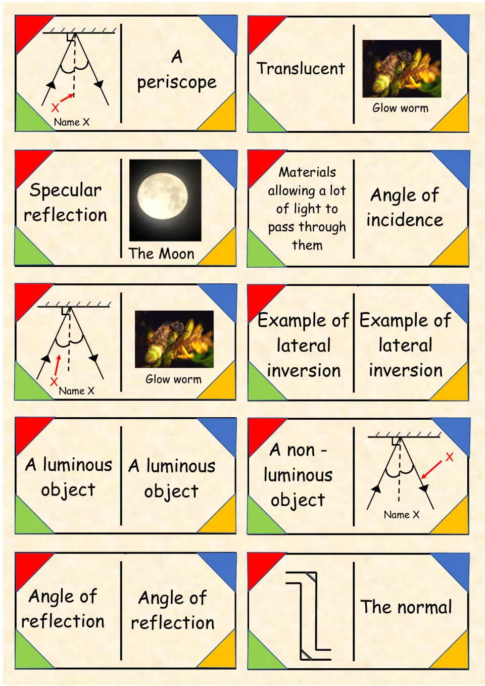 Reflection domino cards 11–20 include a glow worm, the Moon, a periscope diagram, and angle of incidence.