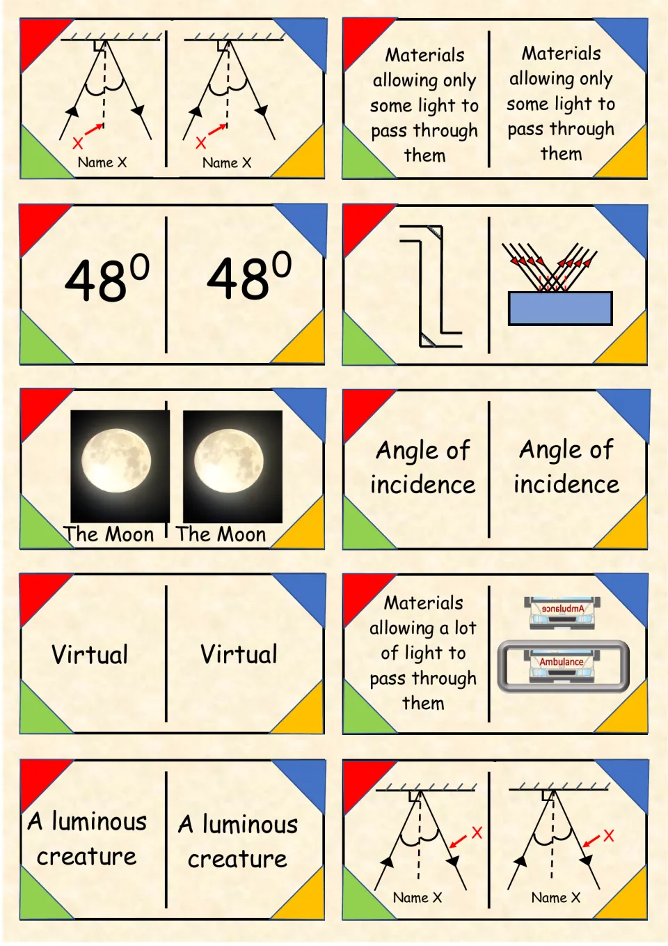 Reflection domino cards 21–30 include 48°, virtual images, the Moon, and an ambulance mirror illustration.