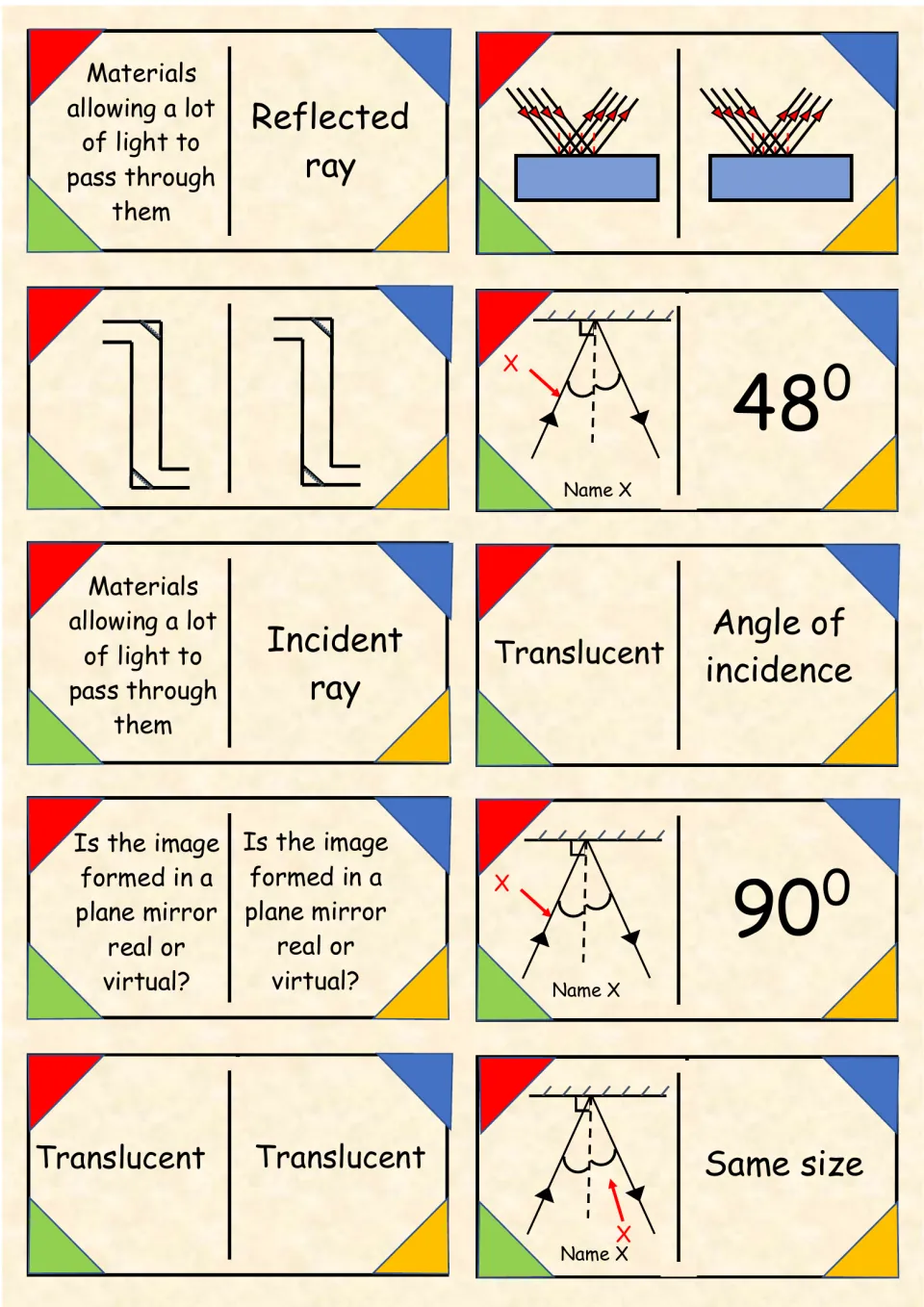 Reflection domino cards 31–40 include 48°, 90°, translucent materials, and a plane mirror image question.
