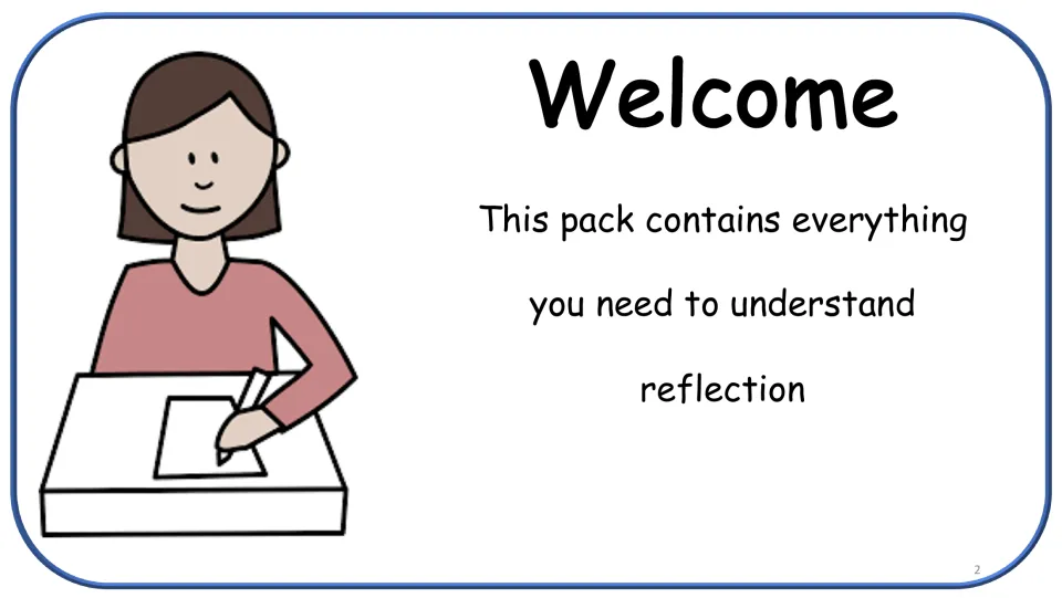 Welcome slide introducing the reflection learning pack and its purpose of helping students understand reflection