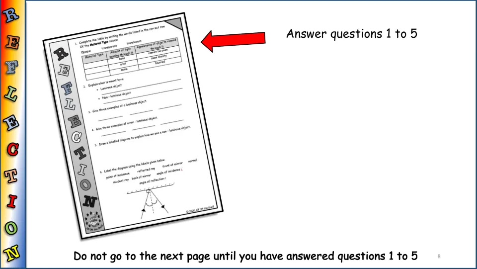 Worksheet prompt directing students to answer questions 1–5 about materials and luminous and non-luminous objects