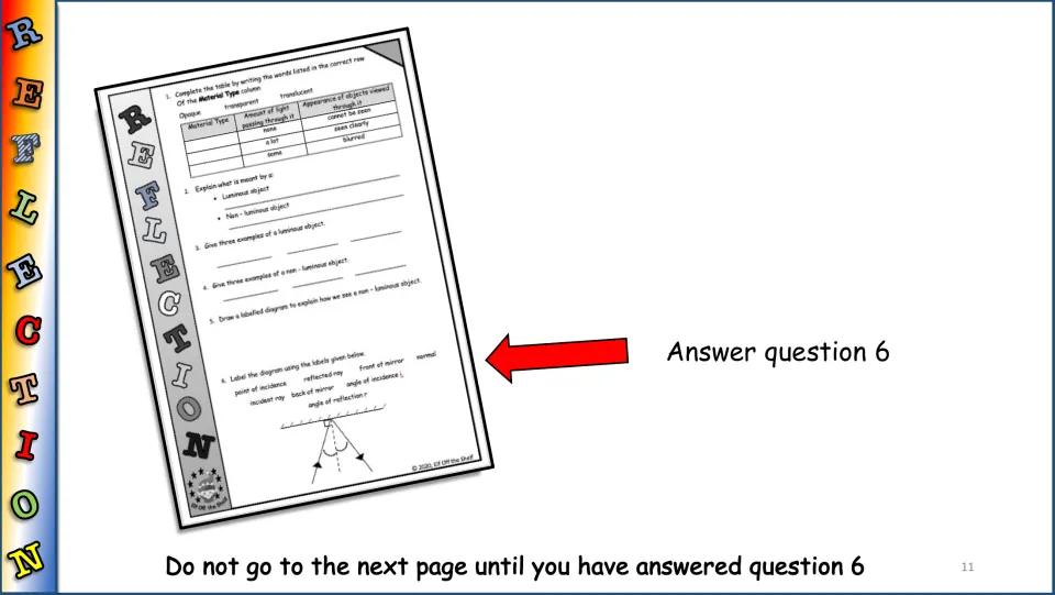 Worksheet prompt directing students to answer question 6 by labeling the parts of a reflection ray diagram