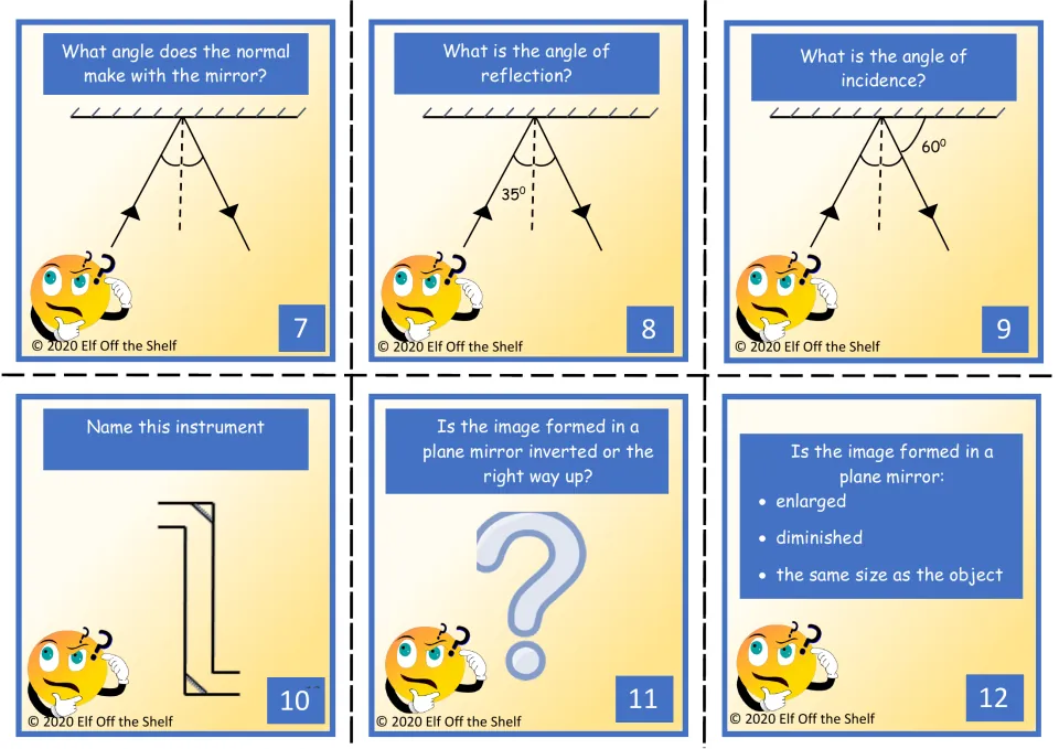 Reflection cards 7-12: students find angles of incidence and reflection, name an instrument and describe mirror images