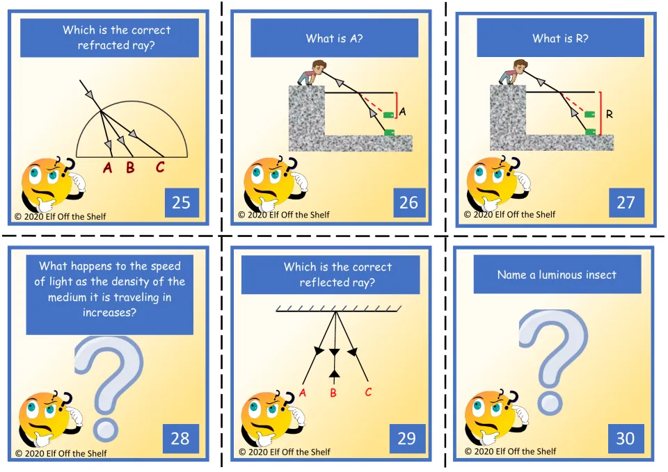 Cards 25-30: pick the correct refracted and reflected rays, identify A and R in depth diagrams, name a luminous insect