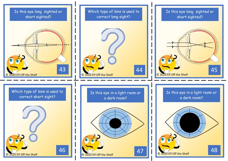 Vision cards 43-48: long or short sight from ray diagrams, lenses that correct each, pupil size in light or dark rooms